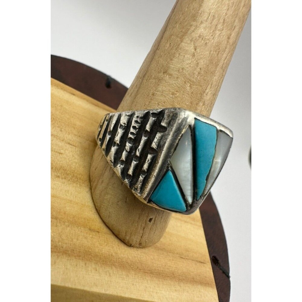 Vintage Navajo Mother of Pearl Turquoise Mens Sterling Silver Ring Size 10